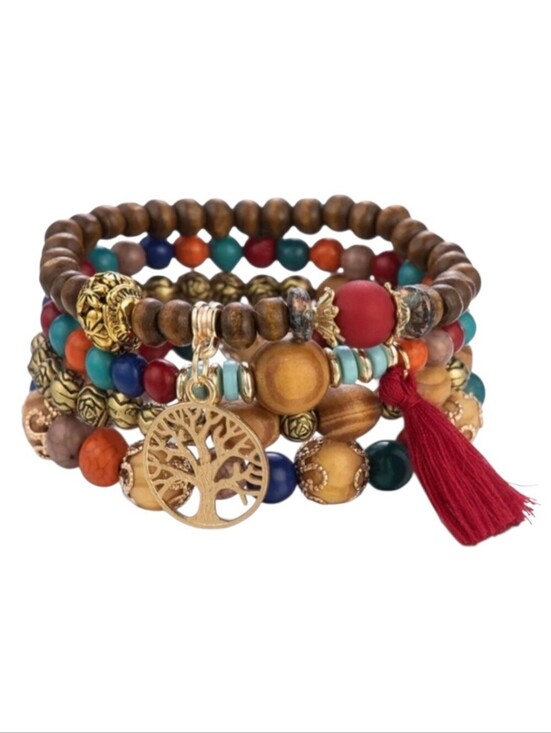 Fashion Jewelry Jewelry - Tree Of Life Red Beaded Layered Bracelet Set Tassel Multicolor